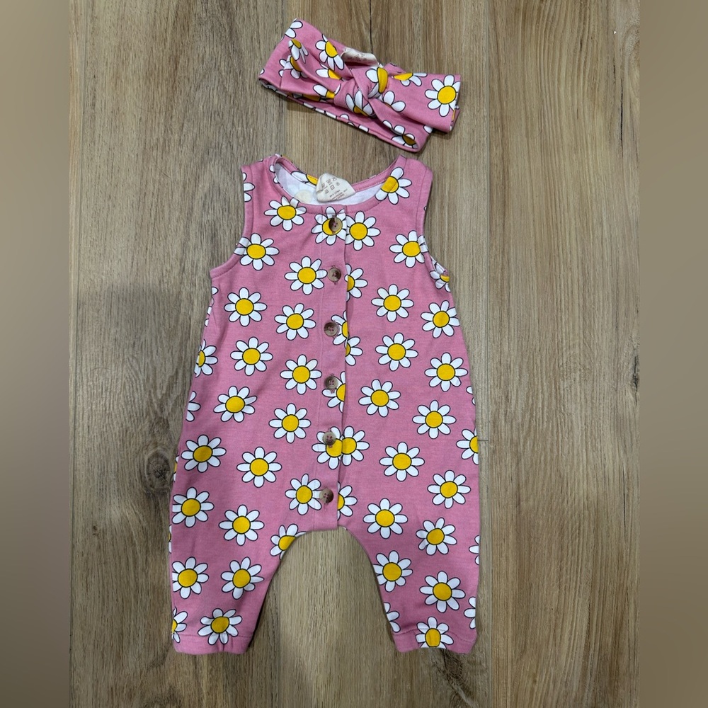 Spearmint Love - SIIX Pink Daisy Organic Baby Romper with Headband